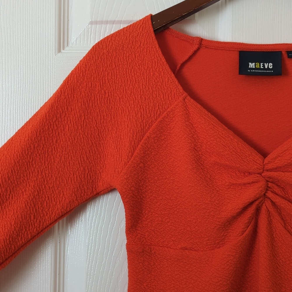 Maeve by Anthropologie Textured Ruched Bust Long Sleeve Cropped Blouse Orange S - Picture 3 of 9